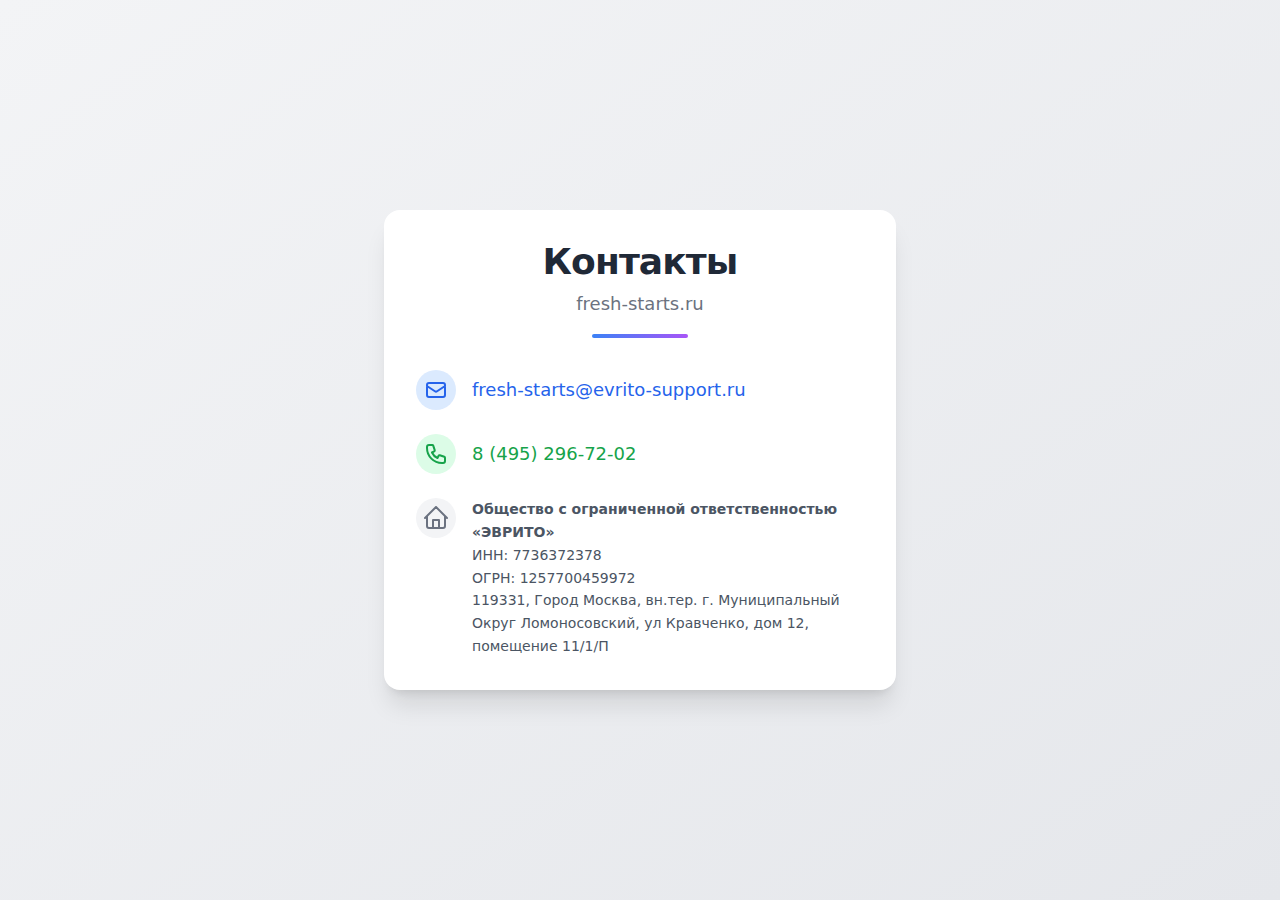 Контакты поддержки сервиса Fresh starts