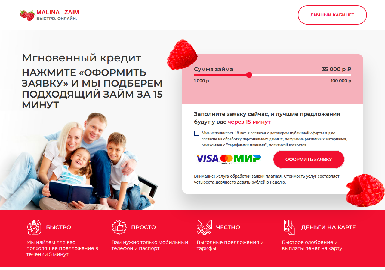 Главная страница сервиса Займ малина ru с формой заявки