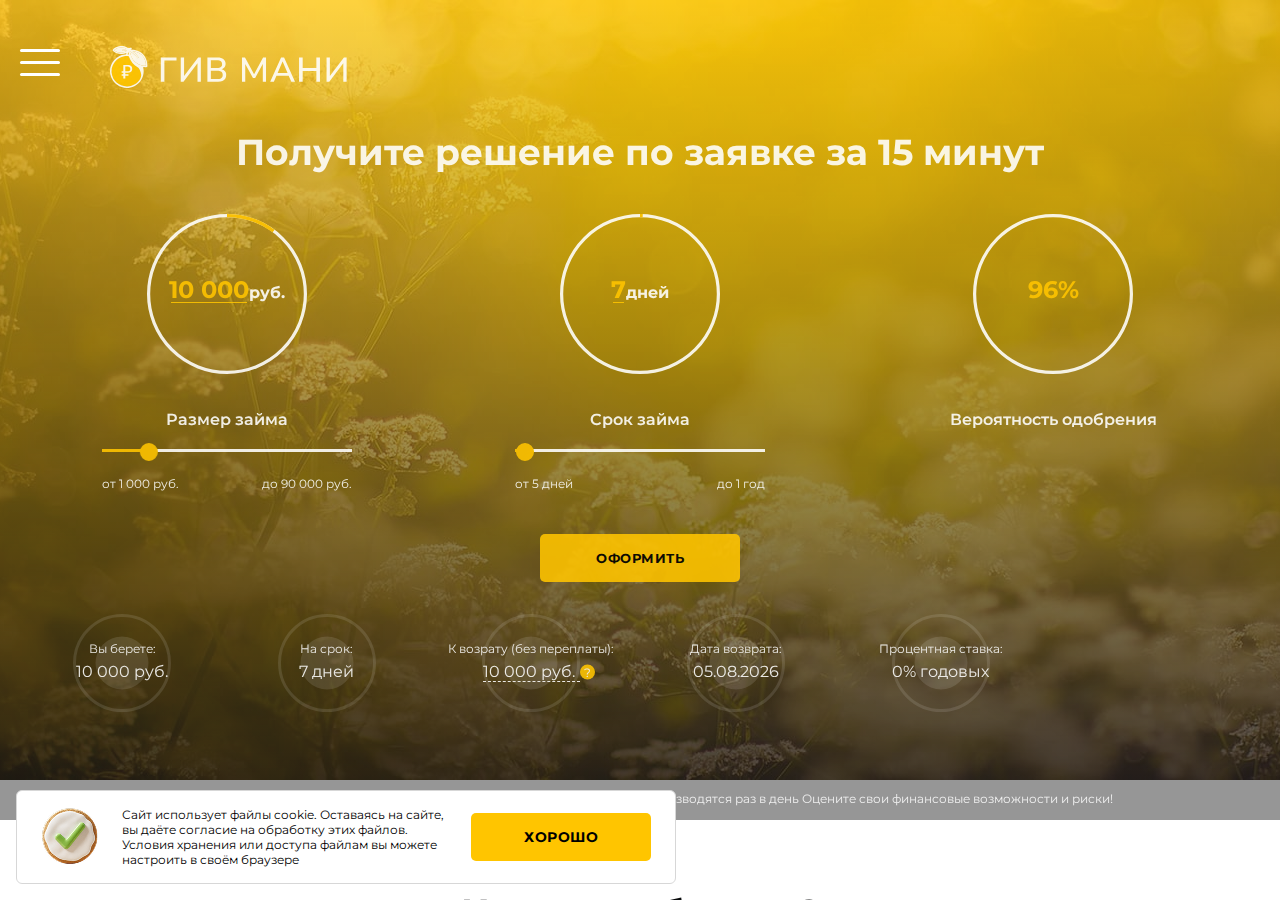 Главная страница сервиса подбора займов Займ money ru с формой заявки