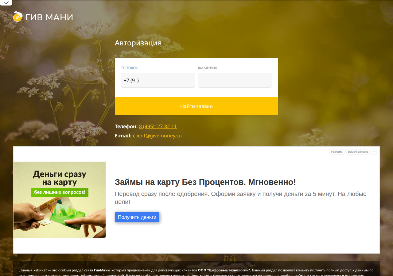 Скриншот входа в личный кабинет Займ one minute money